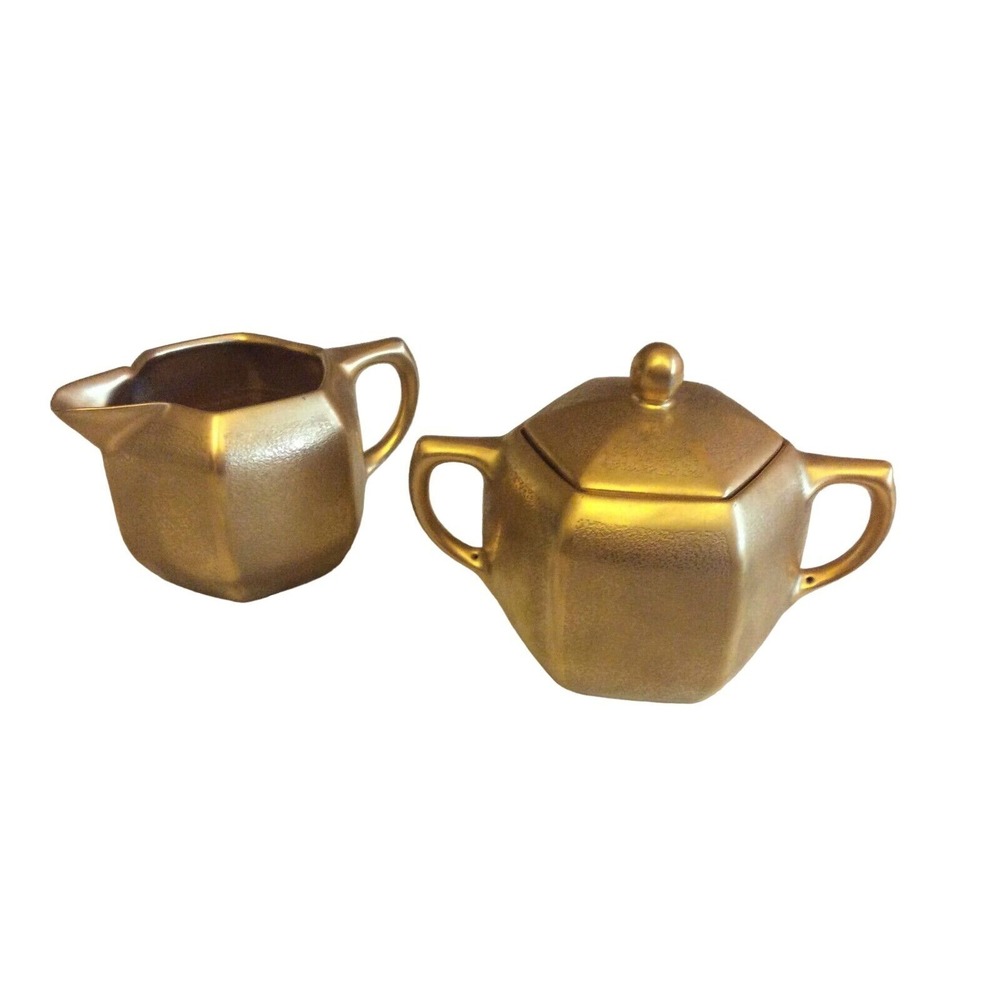 Silesia Creamer Sugar Set Gold Hexagonal Porcelain Vintage Mid Century Modern